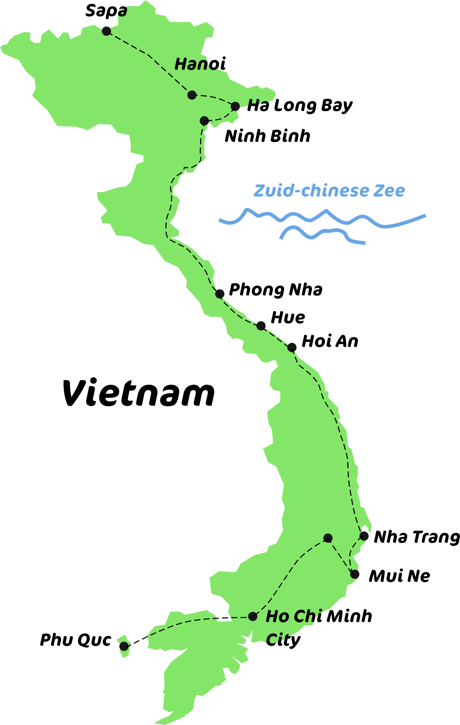 kaart van de backpack route Vietnam